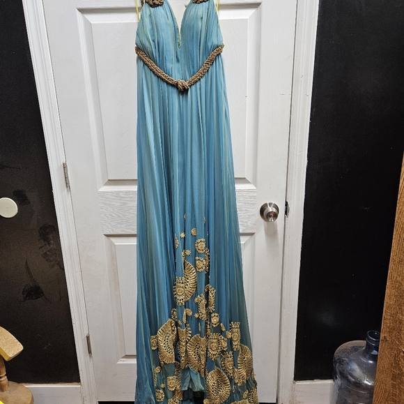 Rafael Cennamo blue/gold gown sz 4 - Picture 1 of 8